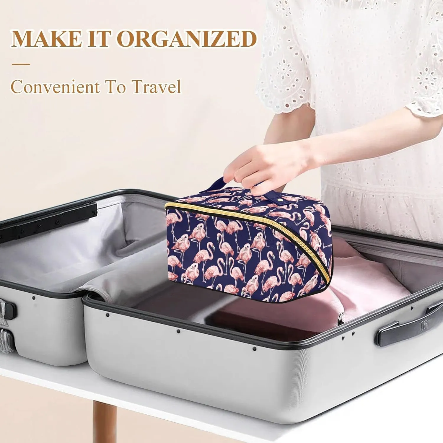 Cute Pink Flamingo Large Capacity Cosmetic Bag Travel Makeup Bags with Large Opening and Handle Twill Cosmetic Organizer for Women