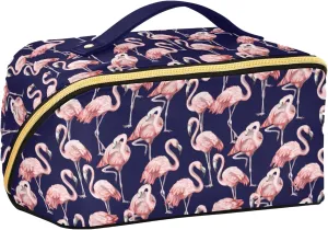 Cute Pink Flamingo Large Capacity Cosmetic Bag Travel Makeup Bags with Large Opening and Handle Twill Cosmetic Organizer for Women