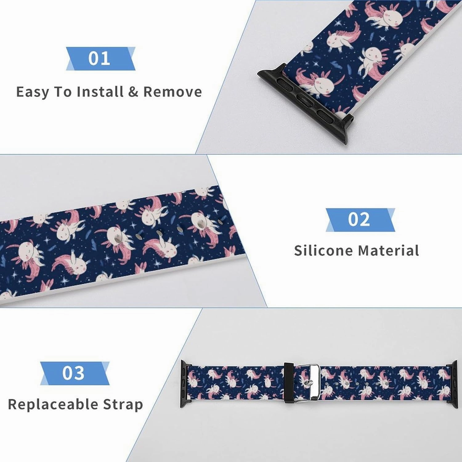 Cute Axolotl Adjustable Silicone Watchband Compatible with IWatch Classic Soft Sports Watch Strap for Men Women