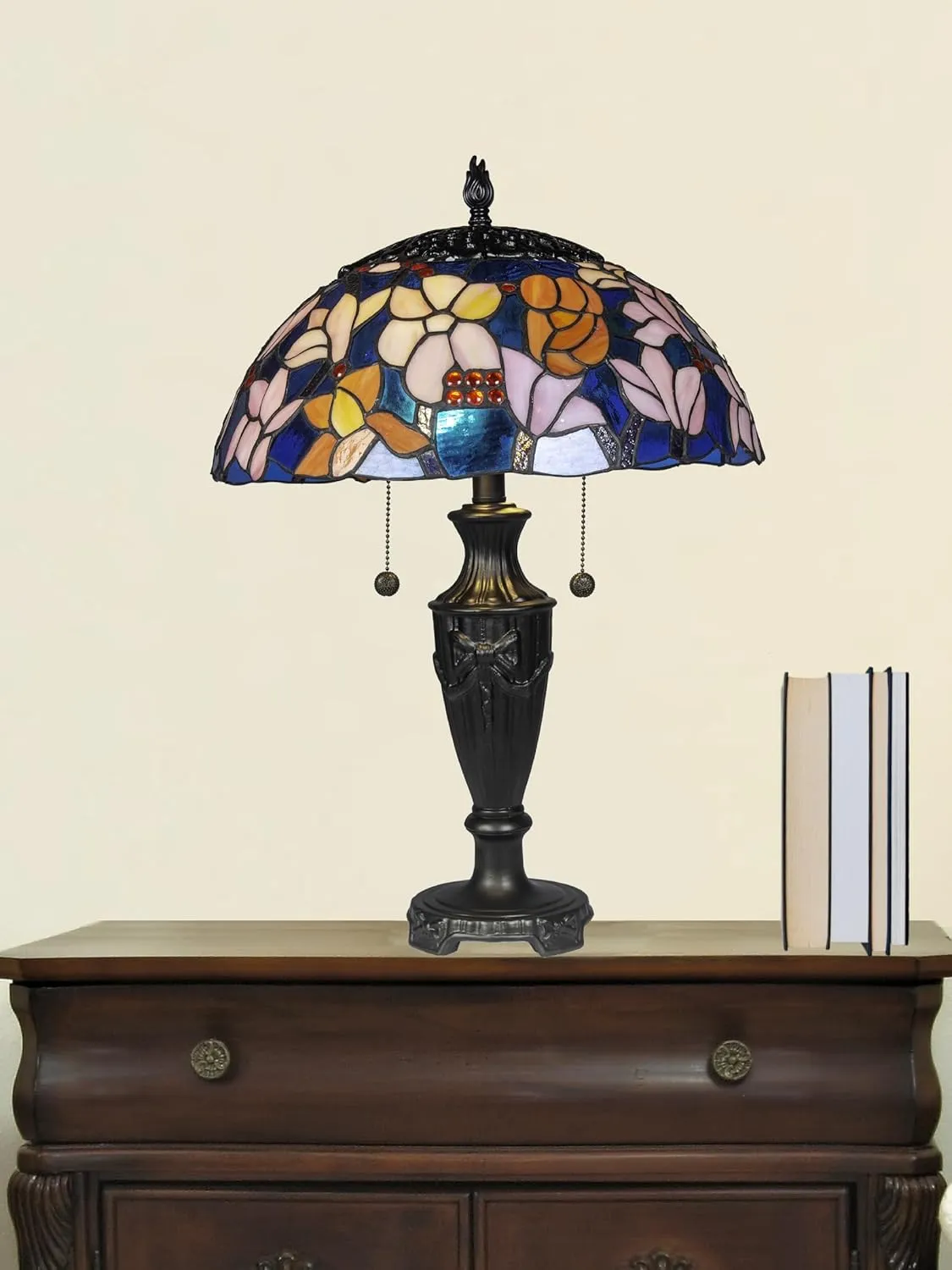 Dale Tiffany TT20183 Traditional 2 Light Tiffany Style Table Lamp Antique Bronze Finish Base with Handmade Genuine Stained Glass Shade, Florieta, Multi-Color, 24-Inch Tall