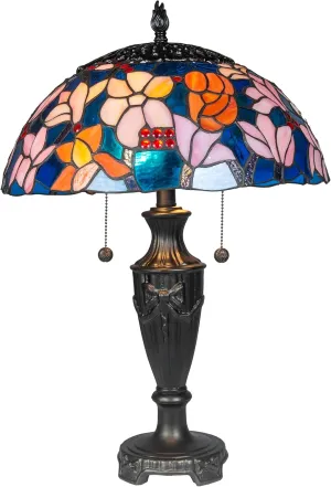 Dale Tiffany TT20183 Traditional 2 Light Tiffany Style Table Lamp Antique Bronze Finish Base with Handmade Genuine Stained Glass Shade, Florieta, Multi-Color, 24-Inch Tall