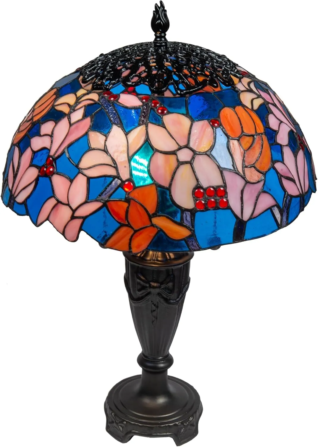 Dale Tiffany TT20183 Traditional 2 Light Tiffany Style Table Lamp Antique Bronze Finish Base with Handmade Genuine Stained Glass Shade, Florieta, Multi-Color, 24-Inch Tall
