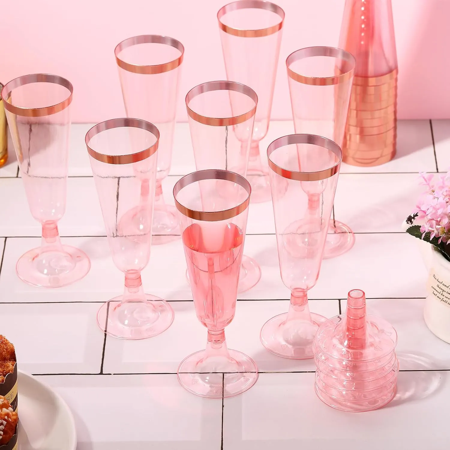 Dandat 100 Pcs Plastic Flutes Disposable Champagne Flutes 5 oz Champagne Glasses with Rim Cocktail Cups for Wedding Toasting Party Birthday Anniversary Celebration (Pink with Rose Gold Rim)