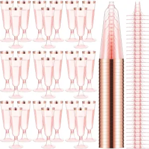 Dandat 100 Pcs Plastic Flutes Disposable Champagne Flutes 5 oz Champagne Glasses with Rim Cocktail Cups for Wedding Toasting Party Birthday Anniversary Celebration (Pink with Rose Gold Rim)
