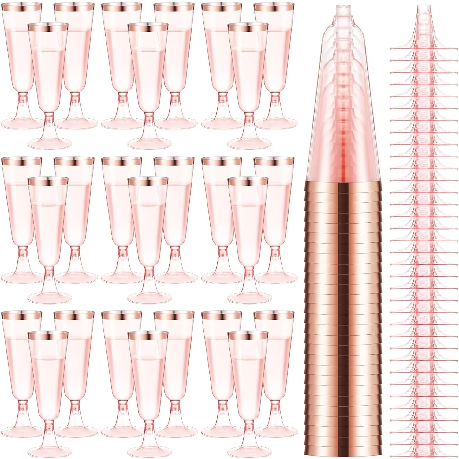 Dandat 100 Pcs Plastic Flutes Disposable Champagne Flutes 5 oz Champagne Glasses with Rim Cocktail Cups for Wedding Toasting Party Birthday Anniversary Celebration (Pink with Rose Gold Rim)