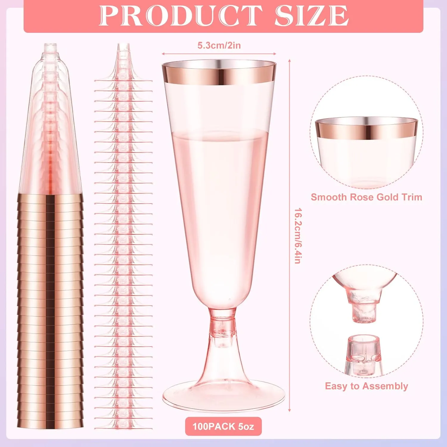 Dandat 100 Pcs Plastic Flutes Disposable Champagne Flutes 5 oz Champagne Glasses with Rim Cocktail Cups for Wedding Toasting Party Birthday Anniversary Celebration (Pink with Rose Gold Rim)