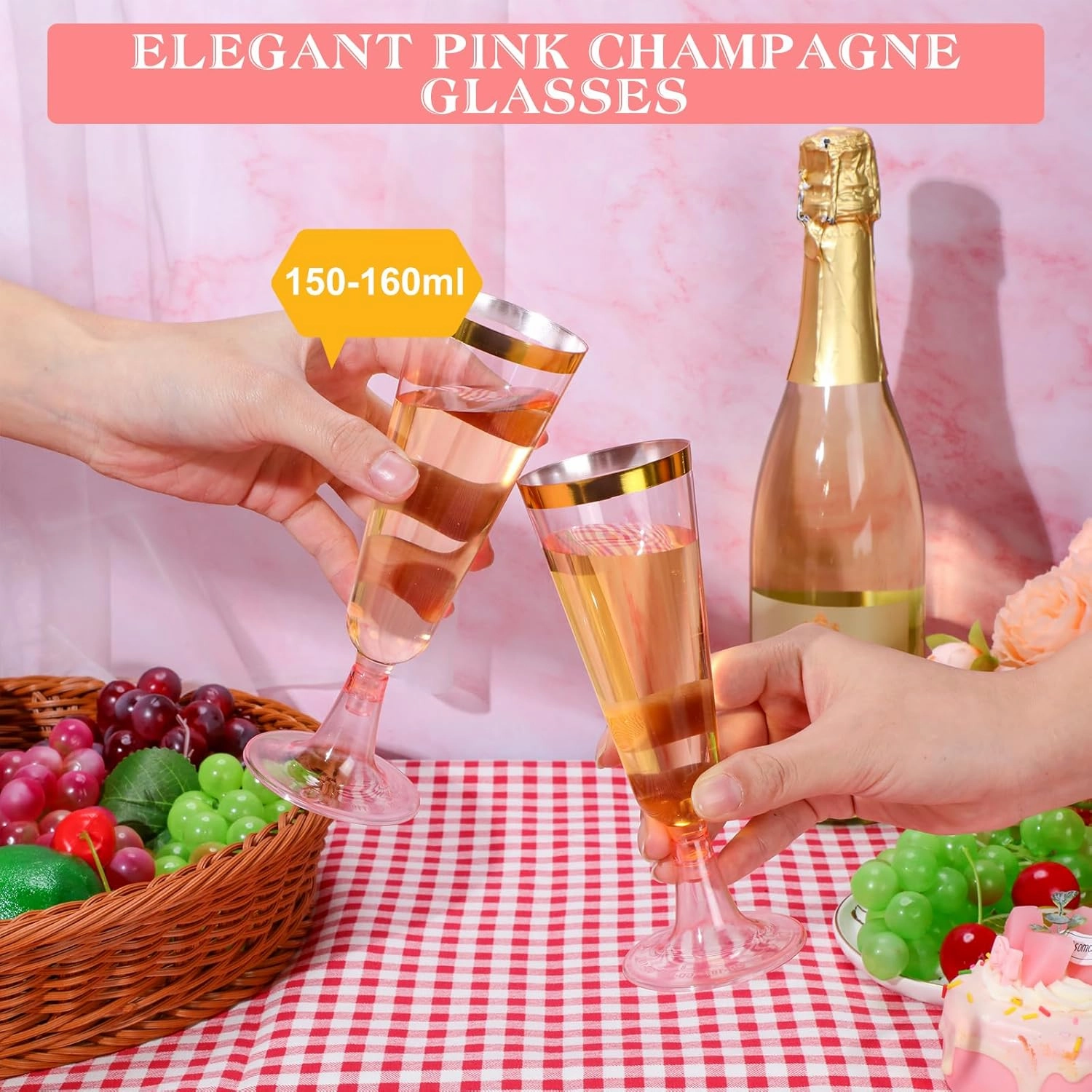 Dandat 100 Pcs Plastic Flutes Disposable Champagne Flutes 5 oz Champagne Glasses with Rim Cocktail Cups for Wedding Toasting Party Birthday Anniversary Celebration (Pink with Gold Rim)
