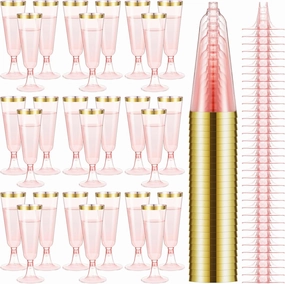 Dandat 100 Pcs Plastic Flutes Disposable Champagne Flutes 5 oz Champagne Glasses with Rim Cocktail Cups for Wedding Toasting Party Birthday Anniversary Celebration (Pink with Gold Rim)