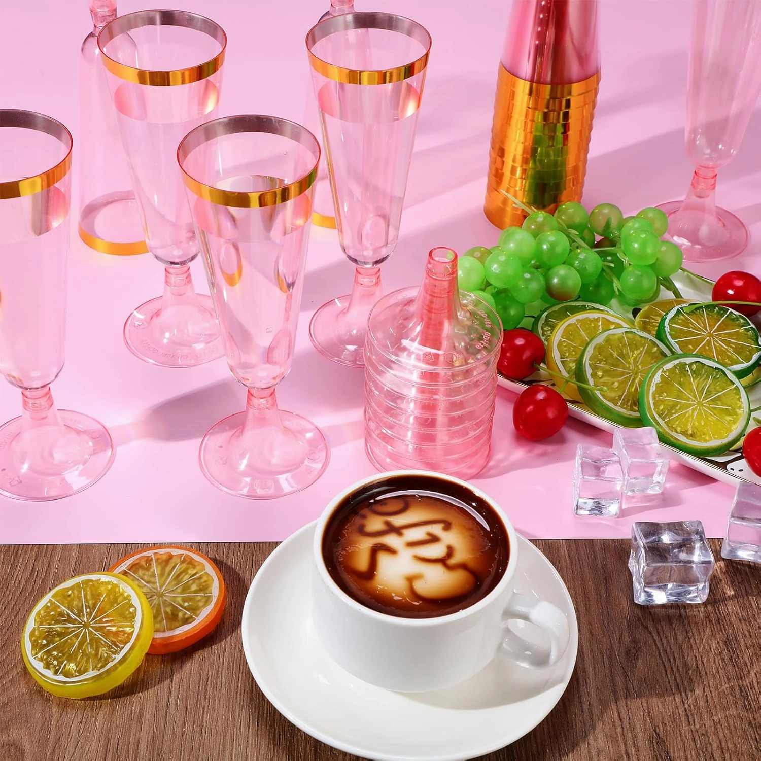 Dandat 100 Pcs Plastic Flutes Disposable Champagne Flutes 5 oz Champagne Glasses with Rim Cocktail Cups for Wedding Toasting Party Birthday Anniversary Celebration (Pink with Gold Rim)