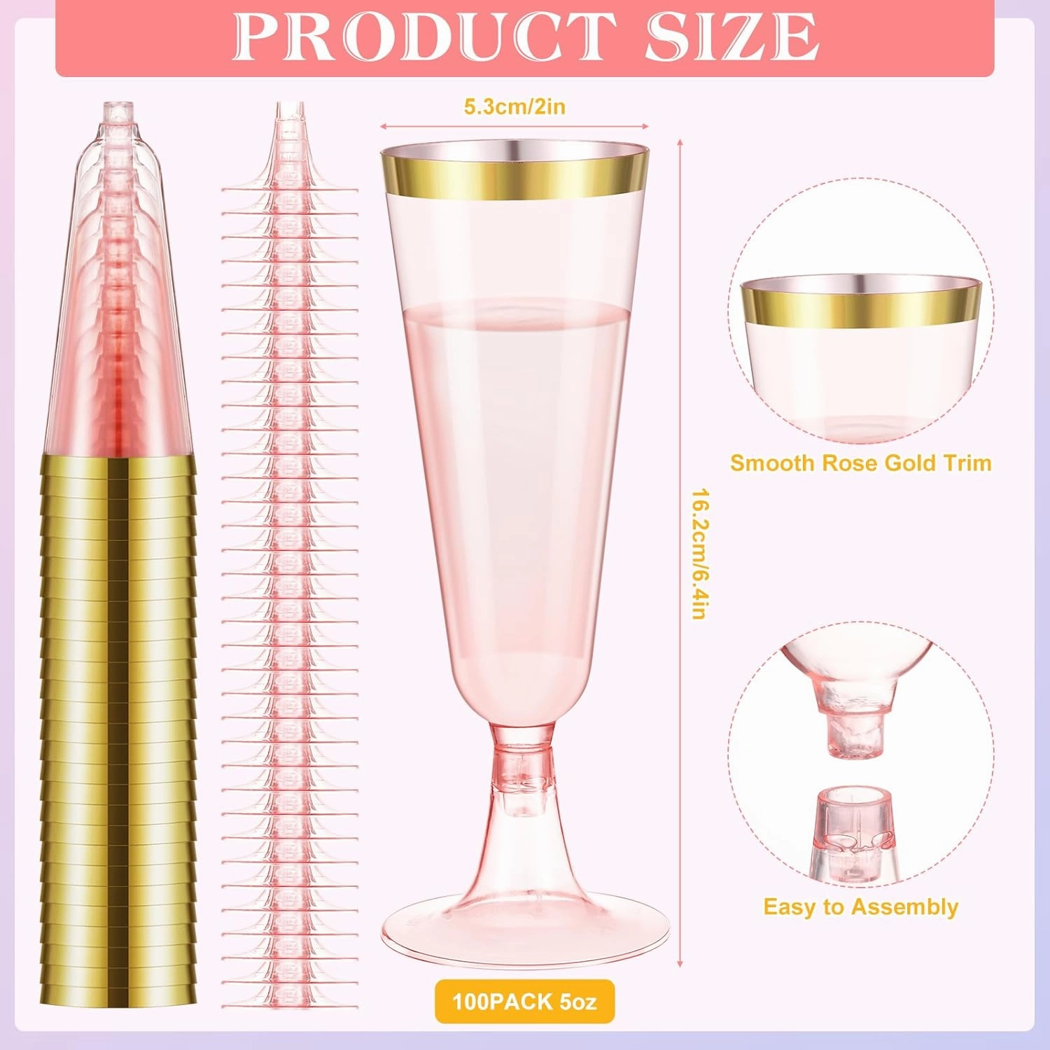 Dandat 100 Pcs Plastic Flutes Disposable Champagne Flutes 5 oz Champagne Glasses with Rim Cocktail Cups for Wedding Toasting Party Birthday Anniversary Celebration (Pink with Gold Rim)