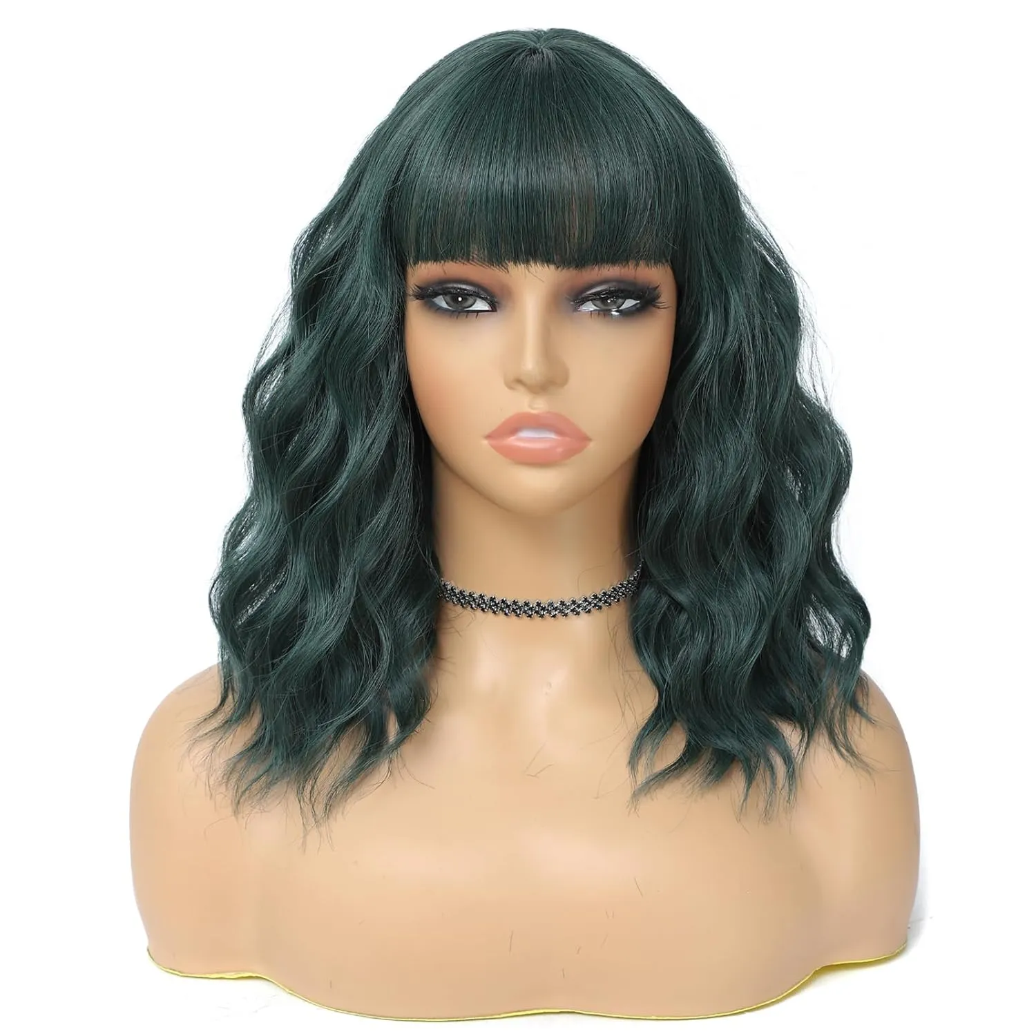 Dark Green Wig with Bangs for Women 14 Inch Shoulder Length Green Wigs Short Bob Wavy Curly Wig Heat Resistant Synthetic Colorful Wig