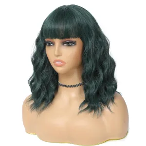Dark Green Wig with Bangs for Women 14 Inch Shoulder Length Green Wigs Short Bob Wavy Curly Wig Heat Resistant Synthetic Colorful Wig