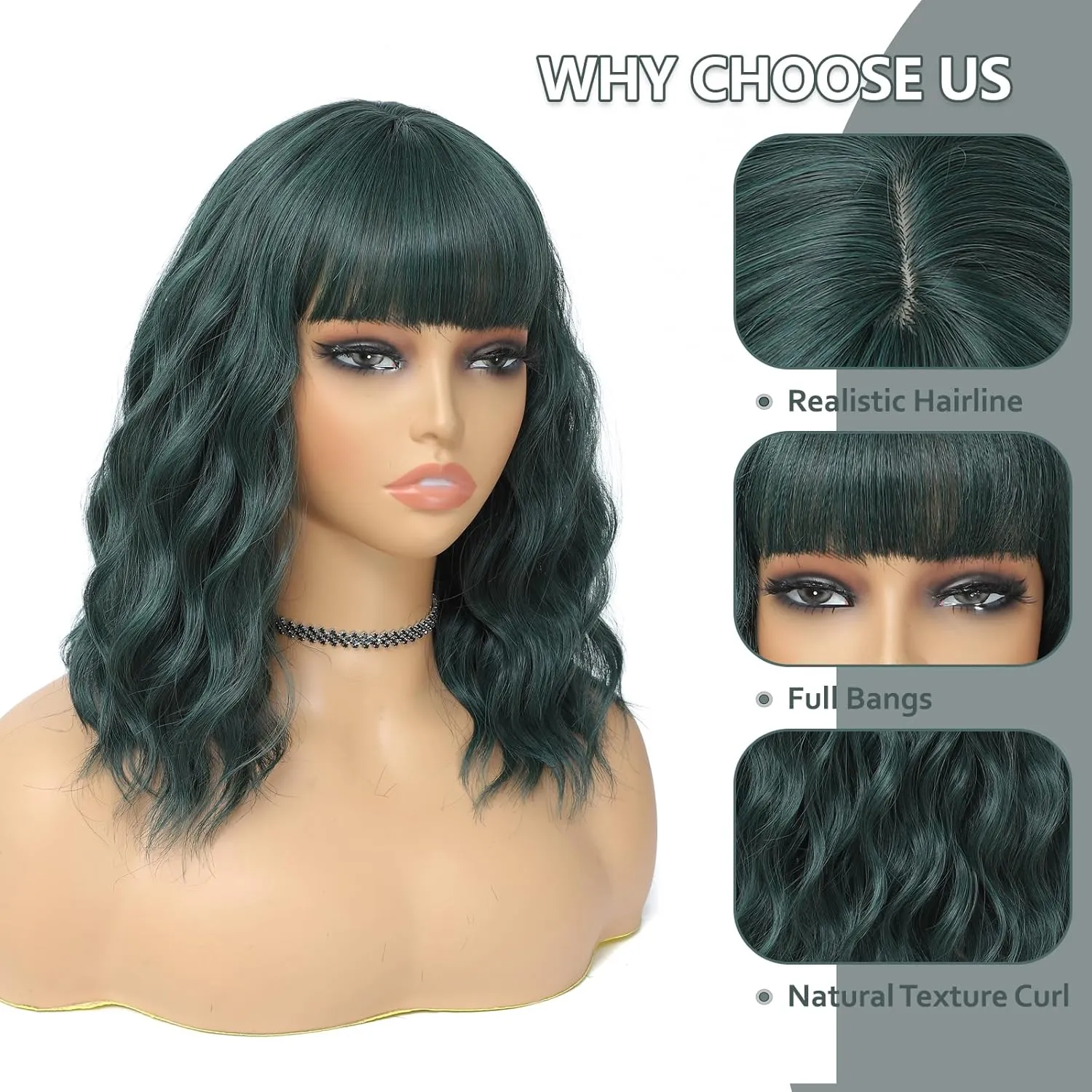 Dark Green Wig with Bangs for Women 14 Inch Shoulder Length Green Wigs Short Bob Wavy Curly Wig Heat Resistant Synthetic Colorful Wig