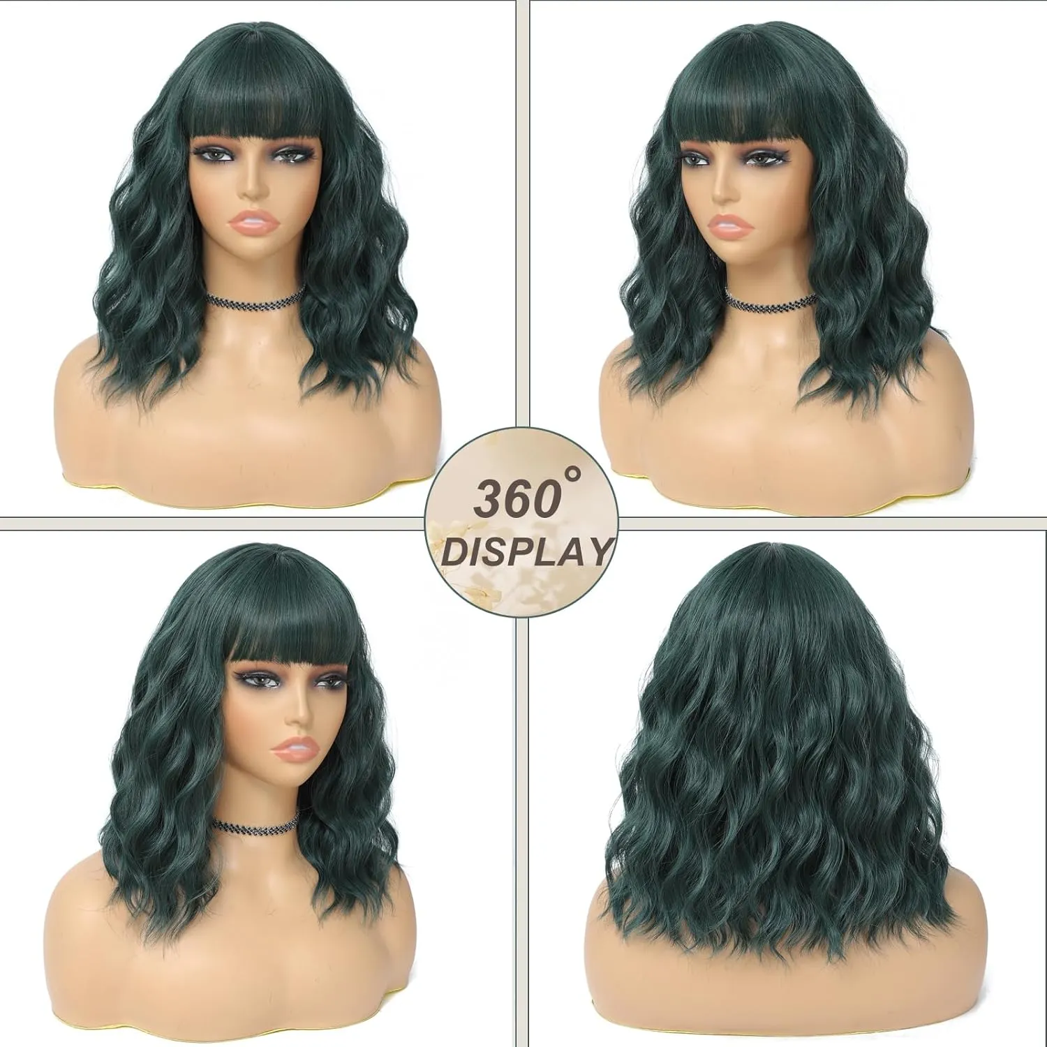 Dark Green Wig with Bangs for Women 14 Inch Shoulder Length Green Wigs Short Bob Wavy Curly Wig Heat Resistant Synthetic Colorful Wig