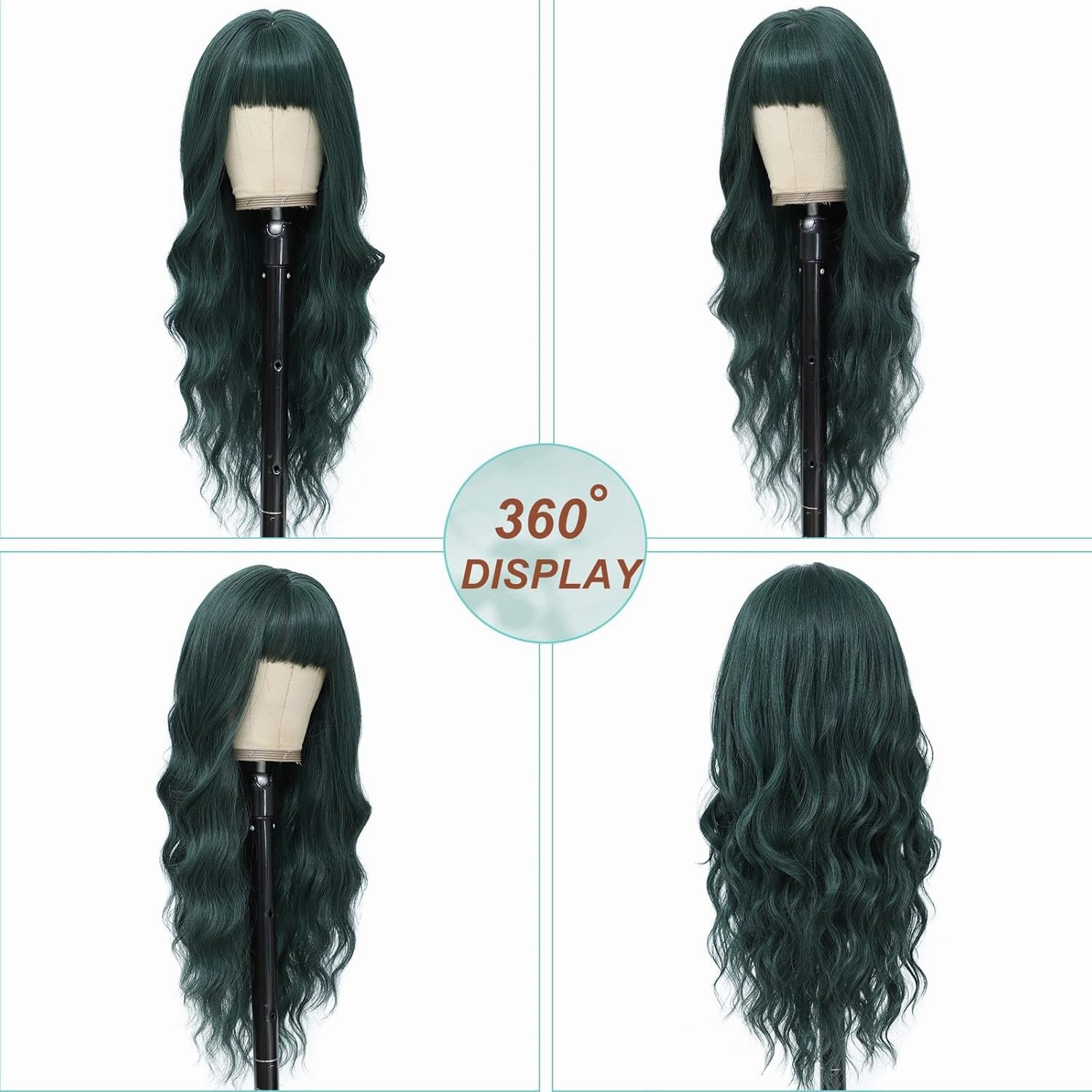 Dark Green Wig with Bangs for Women Long Dark Green Wavy Wigs 26 Inch Green Wigs Natural Looking Heat Resistant Synthetic Wig for Daily Party Use