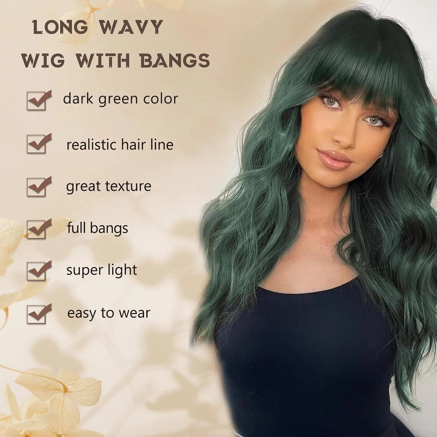 Dark Green Wig with Bangs for Women Long Dark Green Wavy Wigs 26 Inch Green Wigs Natural Looking Heat Resistant Synthetic Wig for Daily Party Use