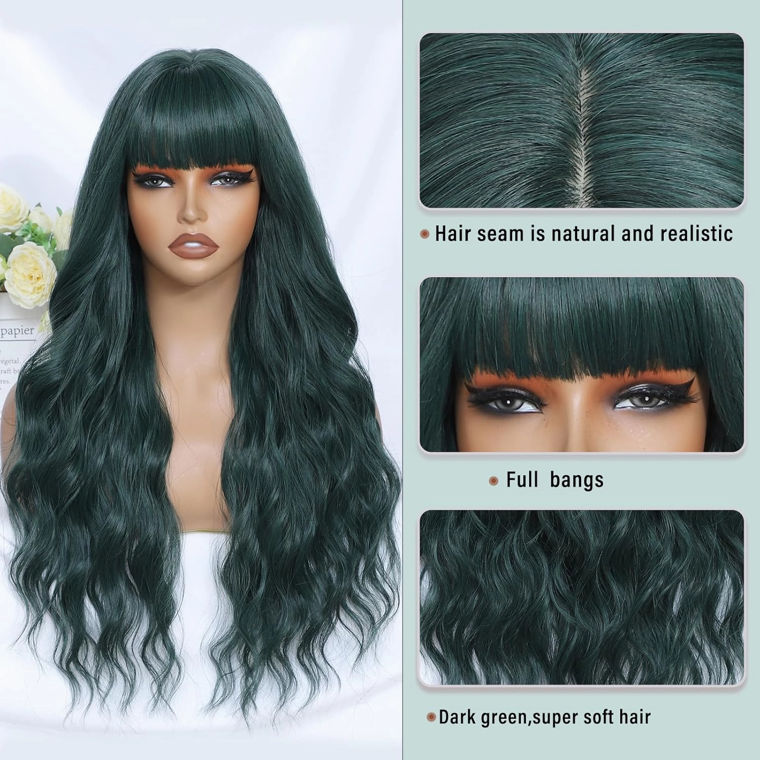 Dark Green Wig with Bangs for Women Long Dark Green Wavy Wigs 26 Inch Green Wigs Natural Looking Heat Resistant Synthetic Wig for Daily Party Use