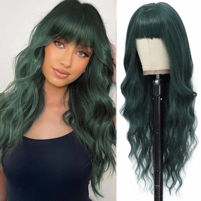 Dark Green Wig with Bangs for Women Long Dark Green Wavy Wigs 26 Inch Green Wigs Natural Looking Heat Resistant Synthetic Wig for Daily Party Use
