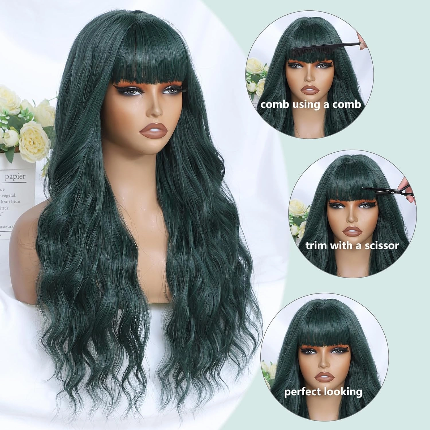 Dark Green Wig with Bangs for Women Long Dark Green Wavy Wigs 26 Inch Green Wigs Natural Looking Heat Resistant Synthetic Wig for Daily Party Use