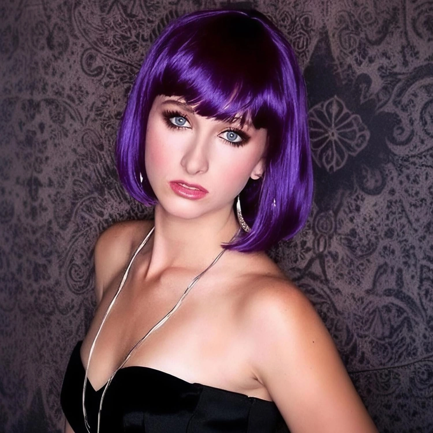 Dark Purple Bob Wig with Bangs for Women 12 Inch Short Straight Bob Purple Wigs Synthetic Colorful Wigs