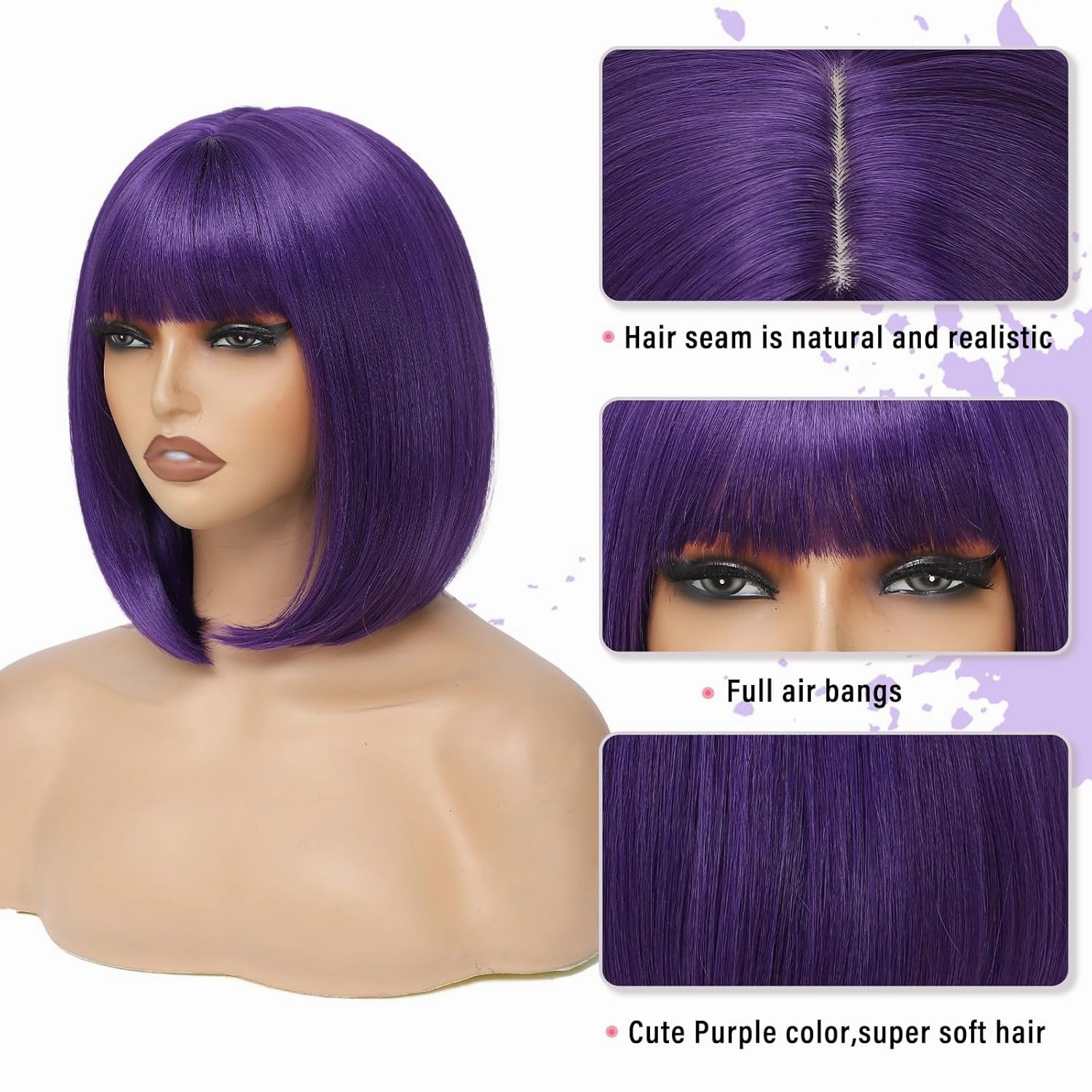 Dark Purple Bob Wig with Bangs for Women 12 Inch Short Straight Bob Purple Wigs Synthetic Colorful Wigs