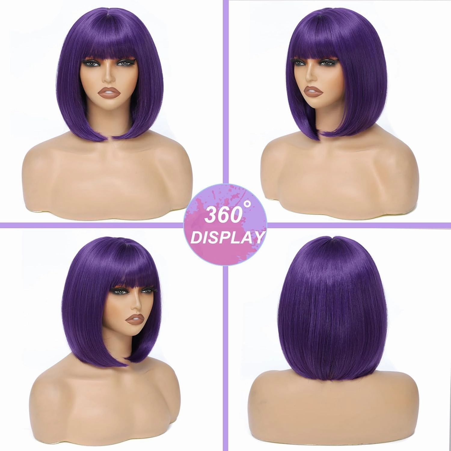 Dark Purple Bob Wig with Bangs for Women 12 Inch Short Straight Bob Purple Wigs Synthetic Colorful Wigs