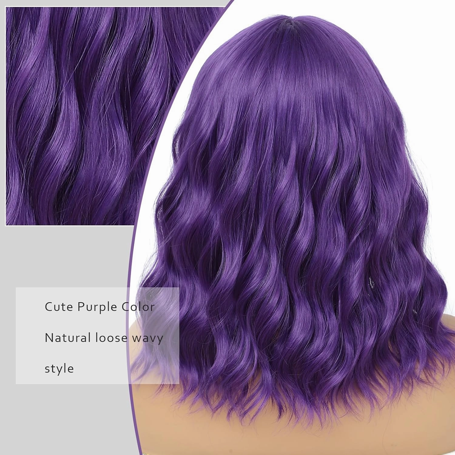 Dark Purple Wig for Women, Wavy Curly Purple Bob Wigs Middle Part 14 Inch Shoulder Length Heat Resistant Synthetic Colorful Wig