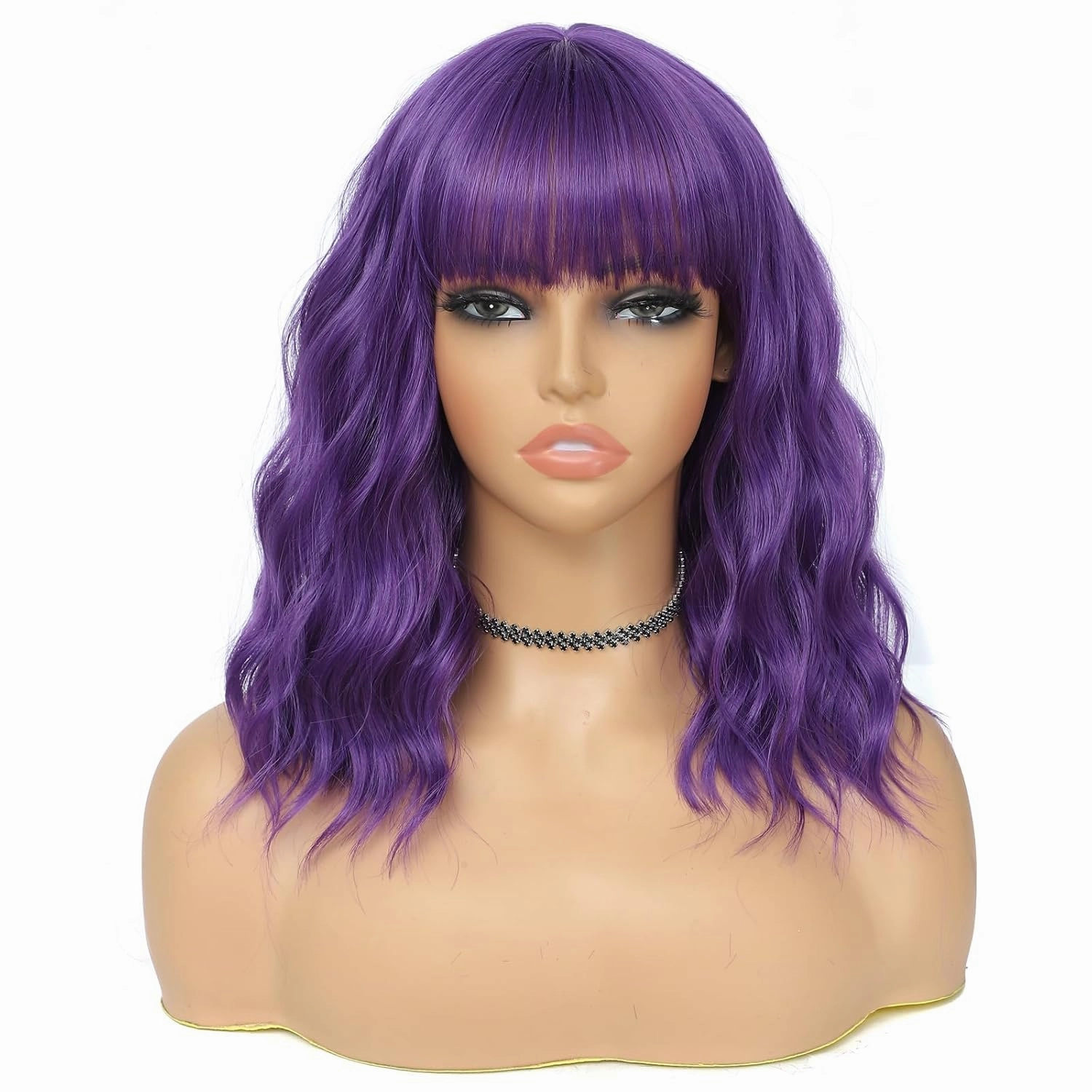 Dark Purple Wig with Bangs for Women 14 Inch Shoulder Length Purple Wigs Short Bob Wavy Curly Wig Heat Resistant Synthetic Colorful Wig