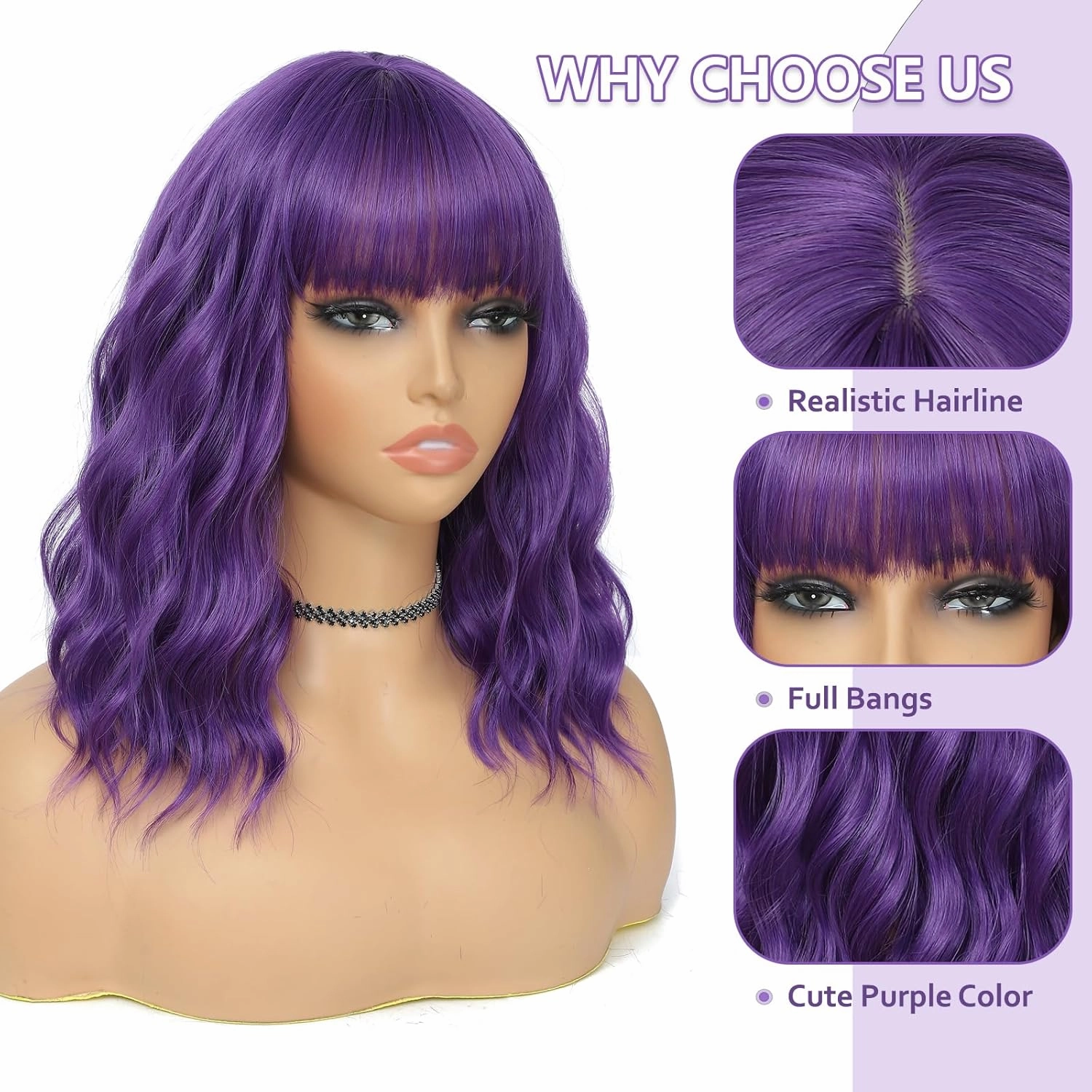Dark Purple Wig with Bangs for Women 14 Inch Shoulder Length Purple Wigs Short Bob Wavy Curly Wig Heat Resistant Synthetic Colorful Wig