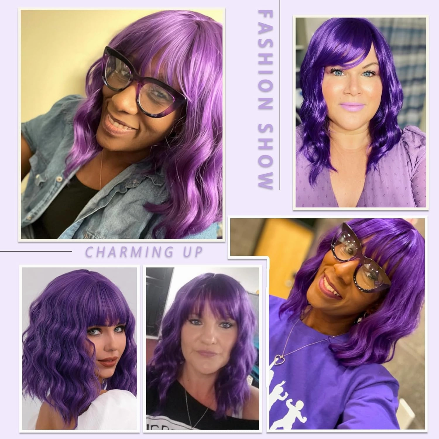 Dark Purple Wig with Bangs for Women 14 Inch Shoulder Length Purple Wigs Short Bob Wavy Curly Wig Heat Resistant Synthetic Colorful Wig