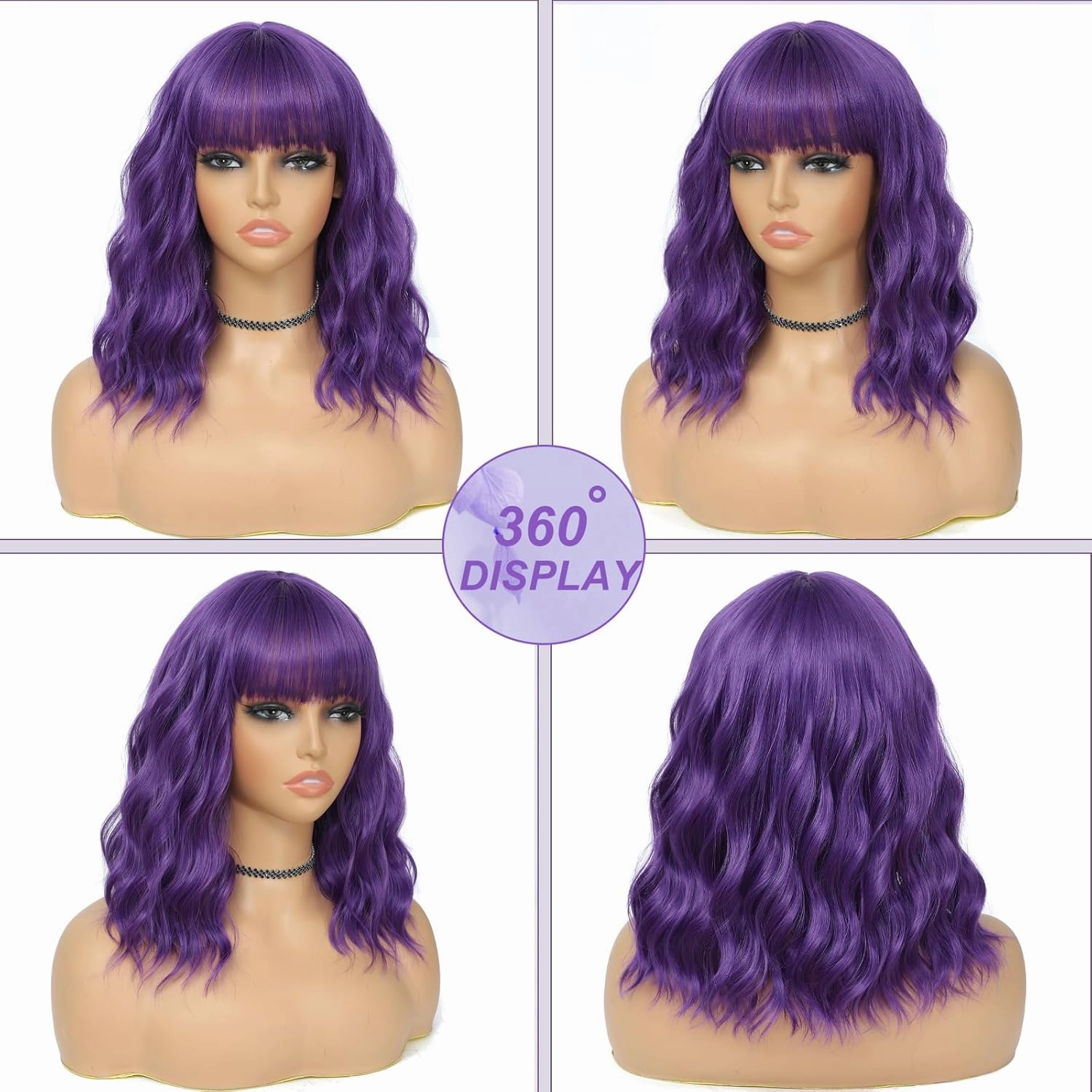 Dark Purple Wig with Bangs for Women 14 Inch Shoulder Length Purple Wigs Short Bob Wavy Curly Wig Heat Resistant Synthetic Colorful Wig