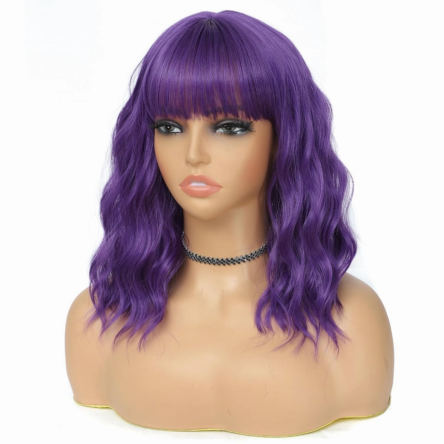 Dark Purple Wig with Bangs for Women 14 Inch Shoulder Length Purple Wigs Short Bob Wavy Curly Wig Heat Resistant Synthetic Colorful Wig