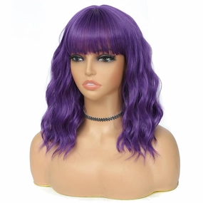 Dark Purple Wig with Bangs for Women 14 Inch Shoulder Length Purple Wigs Short Bob Wavy Curly Wig Heat Resistant Synthetic Colorful Wig