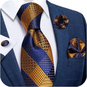 DiBanGu Silk Ties for Men Necktie and Lapel Pin Brooch Set Formal Woven Paisley Plaid Striped Solid Tie Wedding Party