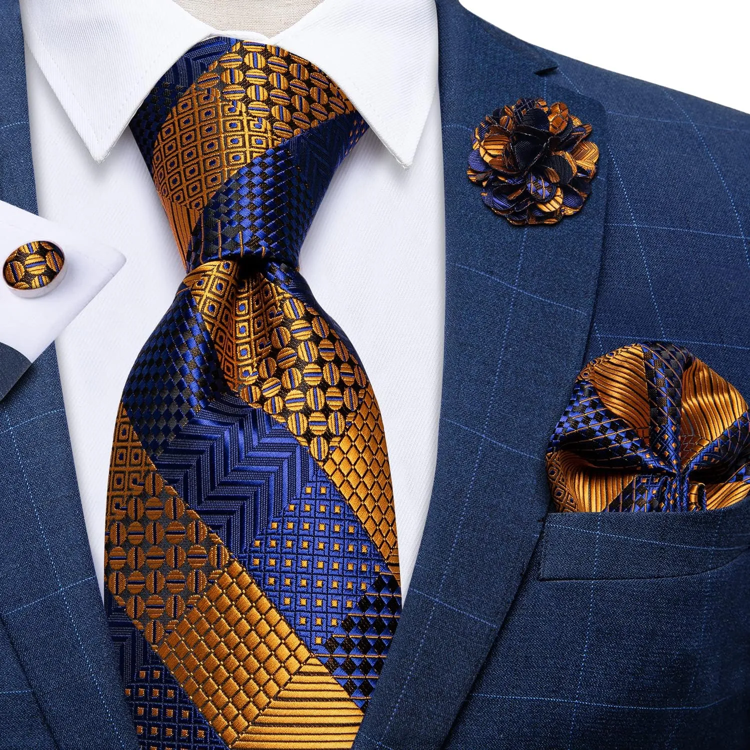 DiBanGu Silk Ties for Men Necktie and Lapel Pin Brooch Set Formal Woven Paisley Plaid Striped Solid Tie Wedding Party
