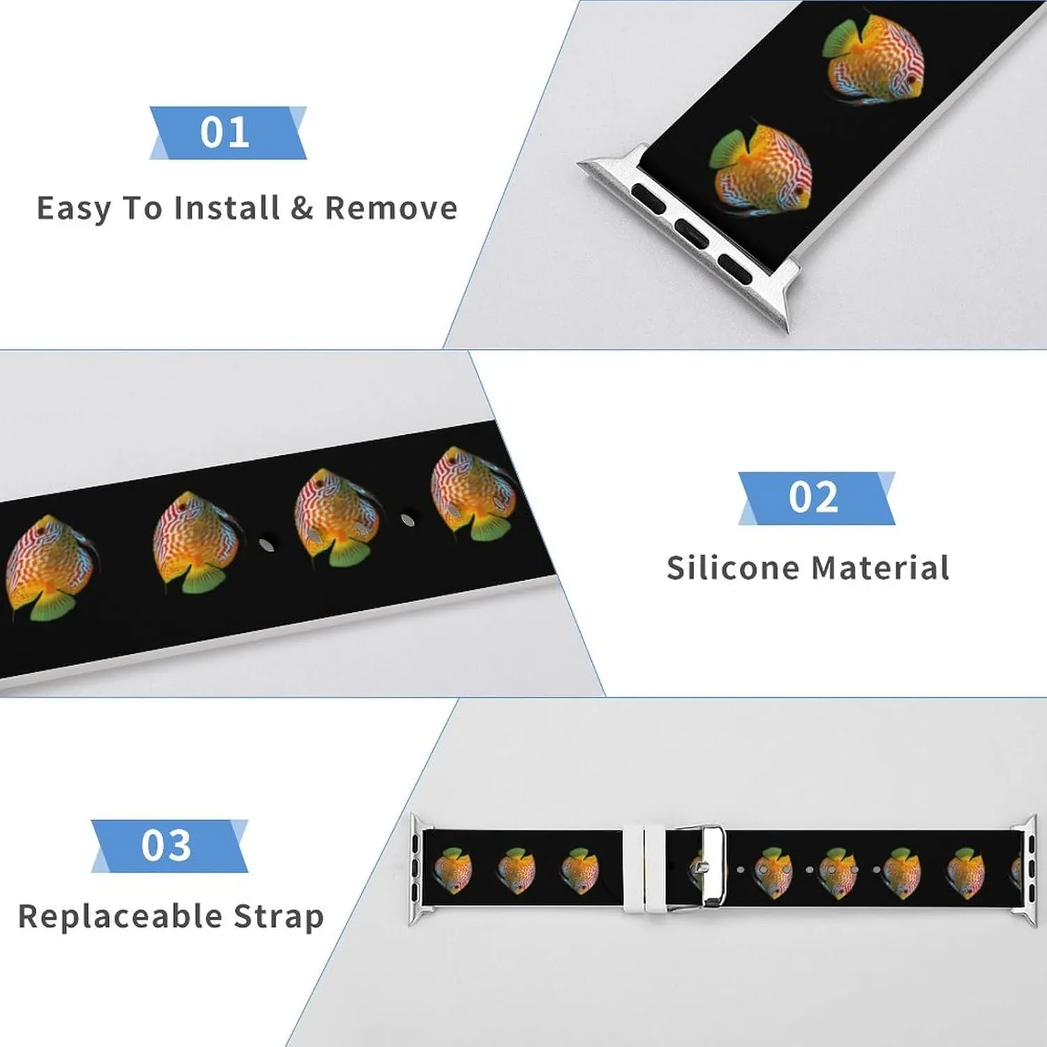 Discus Fish Adjustable Silicone Watchband Compatible with IWatch Classic Soft Sports Watch Strap for Men Women