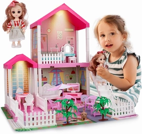 Doll House with Light, Playmat and Doll Toy Figures, DIY Pretend Play Furniture and Accessories, Dollhouse Playhouse Toy for 3 4 5 6 7 8 9 10 Year Old Girl Birthday (3 Room)