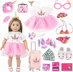 Doll Travel Suitecase Set for 18-Inch Girl Dolls, Includes Pink Luggage, Unicorn Themed Doll Dress, Bikini Swimsuit, Toiletry Kits and Coin Purses, 32 Pcs Birthday Gift for Girls