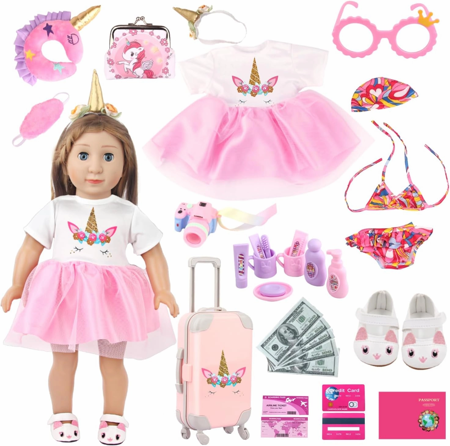 Doll Travel Suitecase Set for 18-Inch Girl Dolls, Includes Pink Luggage, Unicorn Themed Doll Dress, Bikini Swimsuit, Toiletry Kits and Coin Purses, 32 Pcs Birthday Gift for Girls