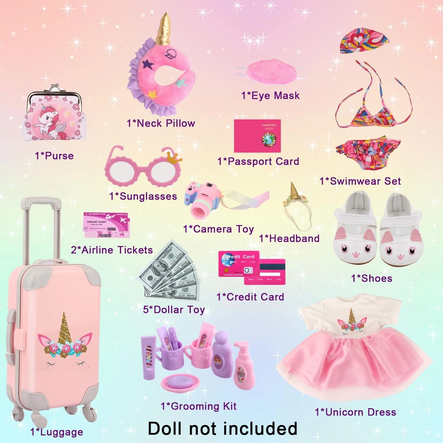 Doll Travel Suitecase Set for 18-Inch Girl Dolls, Includes Pink Luggage, Unicorn Themed Doll Dress, Bikini Swimsuit, Toiletry Kits and Coin Purses, 32 Pcs Birthday Gift for Girls