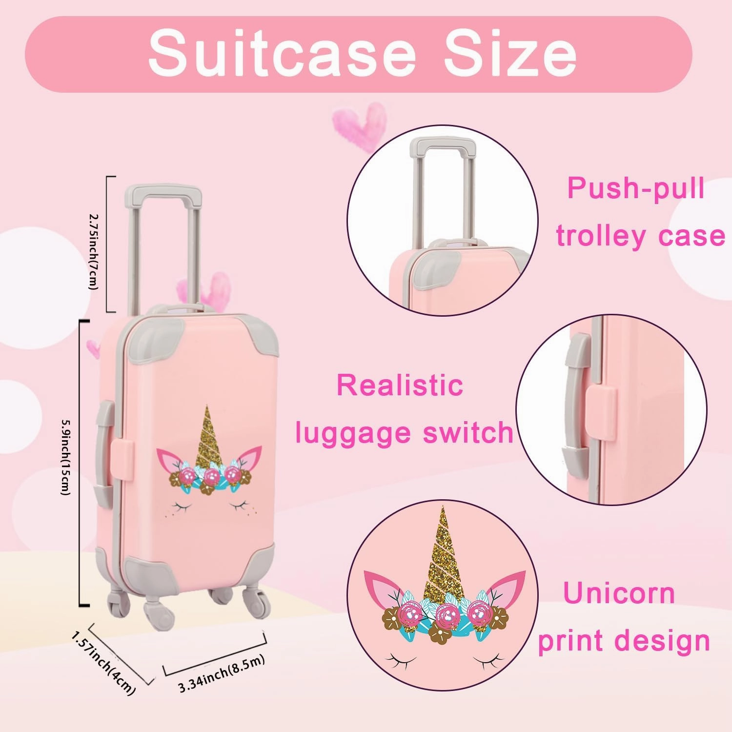 Doll Travel Suitecase Set for 18-Inch Girl Dolls, Includes Pink Luggage, Unicorn Themed Doll Dress, Bikini Swimsuit, Toiletry Kits and Coin Purses, 32 Pcs Birthday Gift for Girls