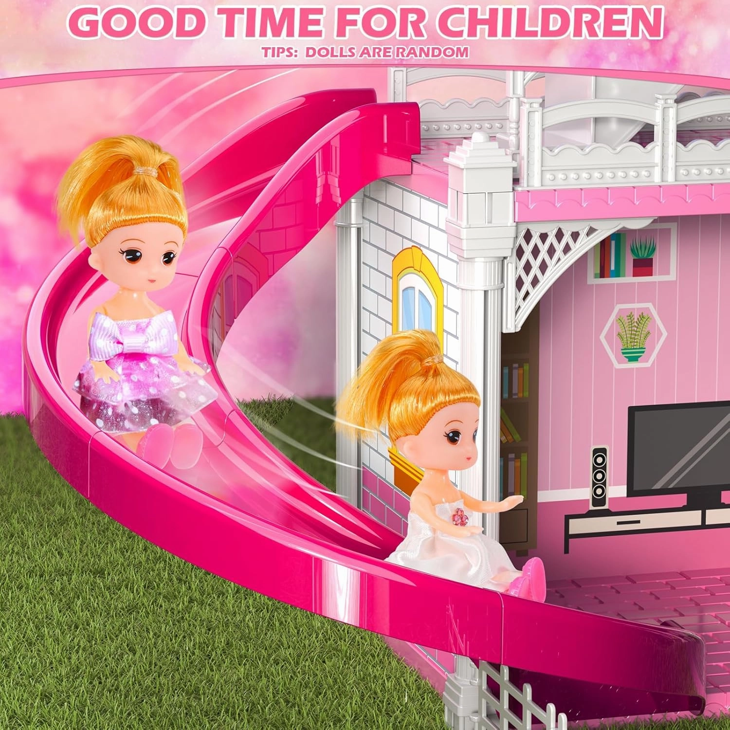 Dollhouses, Dreamhome Furniture Pink Girl Toys, 2 Stories 3 Rooms Dollshouse with 2 Princesses Slide Accessories, Toddler Playhouse Gift for for 3 4 5 6 7 8 9 10 Year Old Girls Toys