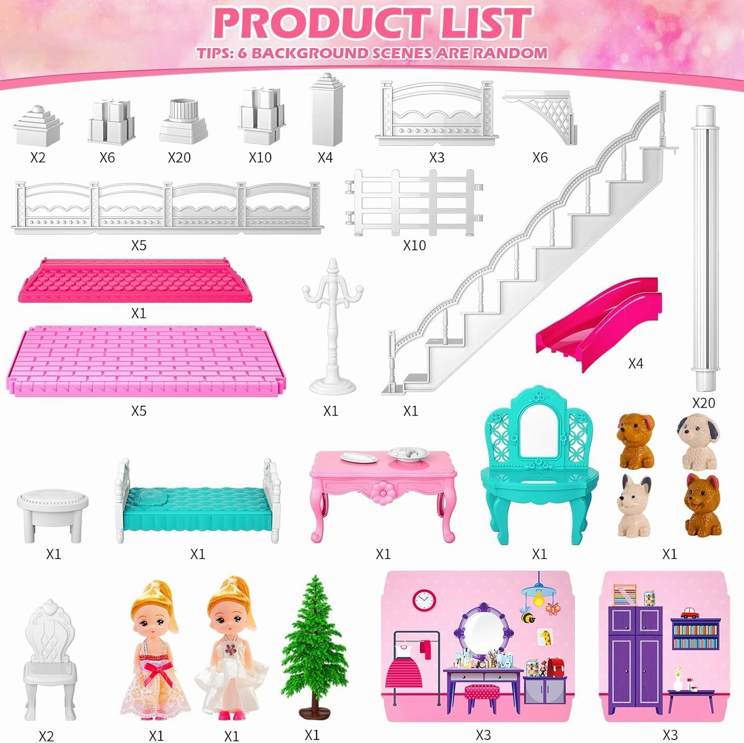 Dollhouses, Dreamhome Furniture Pink Girl Toys, 2 Stories 3 Rooms Dollshouse with 2 Princesses Slide Accessories, Toddler Playhouse Gift for for 3 4 5 6 7 8 9 10 Year Old Girls Toys