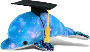 DolliBu Dolphin – Space Sequin Graduation Plush Toy - Soft Plush Graduation Stuffed Animal Dress Up with a Graduation Cap with Tassel Outfit - Graduation Gift with Personalization - 12 Inch