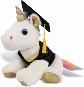 DolliBu White and Gold Unicorn Graduation Plush Toy - Soft Plush Graduation Stuffed Animal Dress Up with Gown and Cap with Tassel Outfit - Congratulatory Graduation Gift with Personalization, 14 Inch