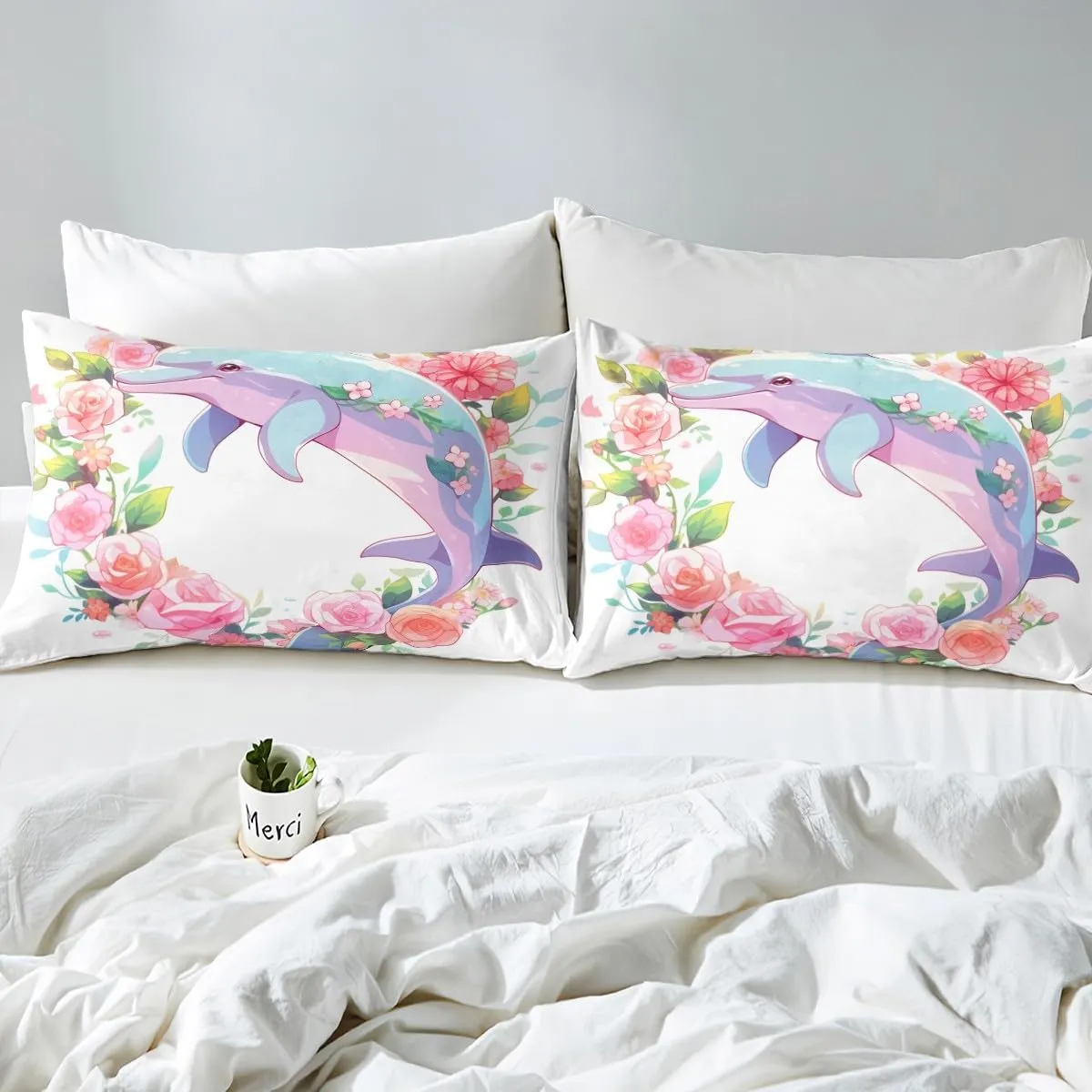 Dolphin Fitted Sheet Pink Rose Bed Sheets Full,Nautical Sea Animal Sheets Flowers Coastal Bedding Set,Kawaii Room Decor