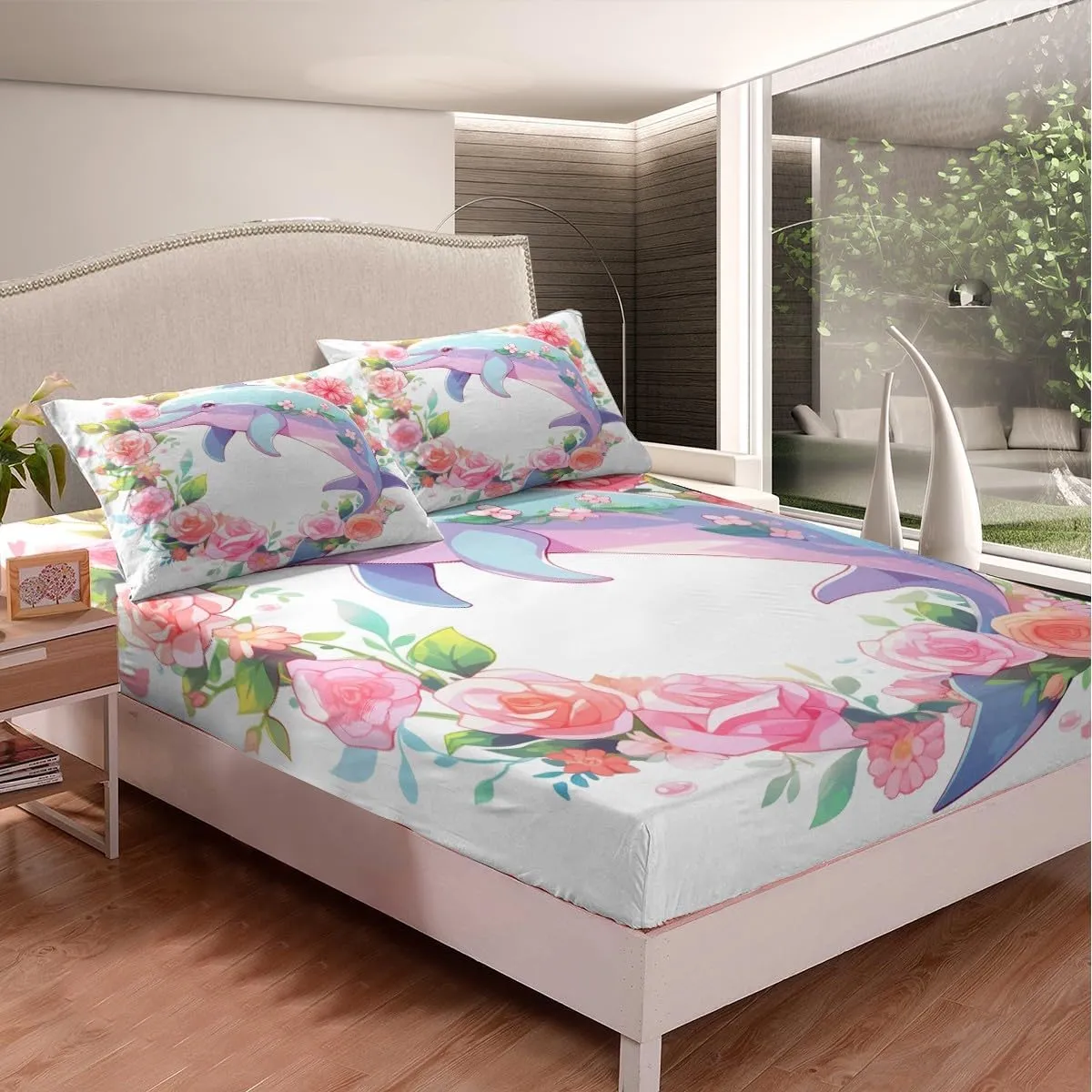 Dolphin Fitted Sheet Pink Rose Bed Sheets Full,Nautical Sea Animal Sheets Flowers Coastal Bedding Set,Kawaii Room Decor
