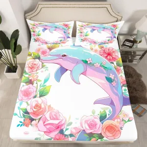 Dolphin Fitted Sheet Pink Rose Bed Sheets Full,Nautical Sea Animal Sheets Flowers Coastal Bedding Set,Kawaii Room Decor