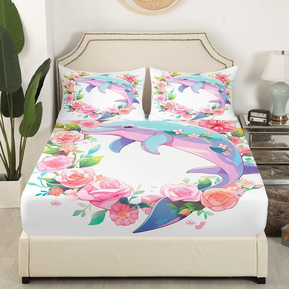 Dolphin Fitted Sheet Pink Rose Bed Sheets Full,Nautical Sea Animal Sheets Flowers Coastal Bedding Set,Kawaii Room Decor