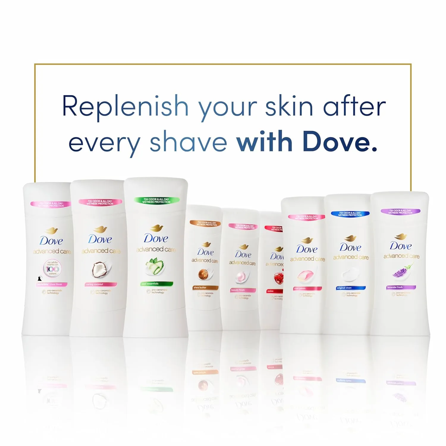 Dove Advanced Care Antiperspirant Deodorant Stick Clear Finish 4 Count deodorant that doesn’t stain clothes 72-hour odor control and all-day sweat protection with Pro-Ceramide Technology 2.6 oz